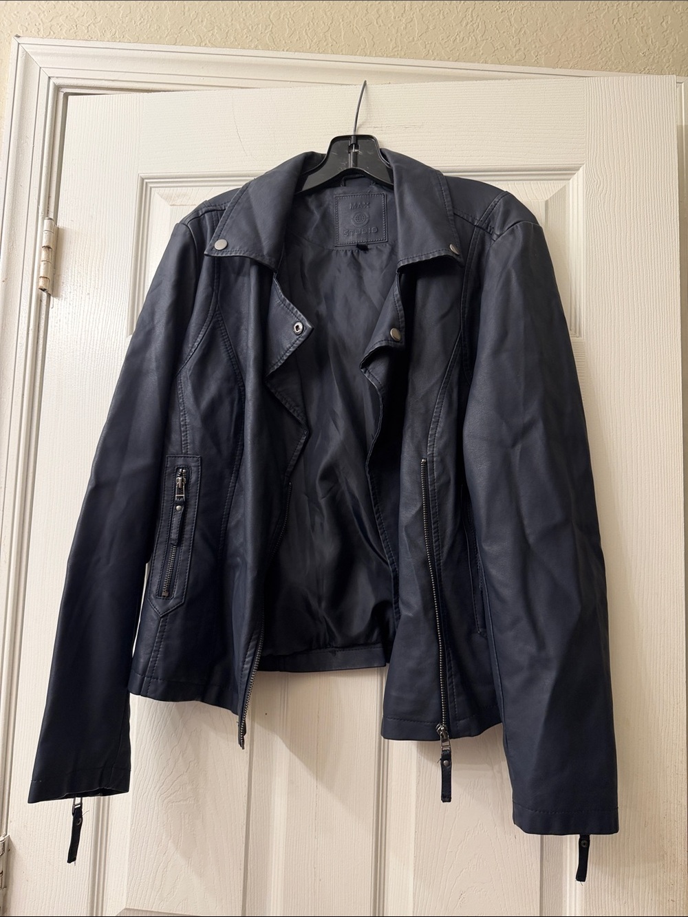 Max Studio Navy Faux Leather Moto Jacket